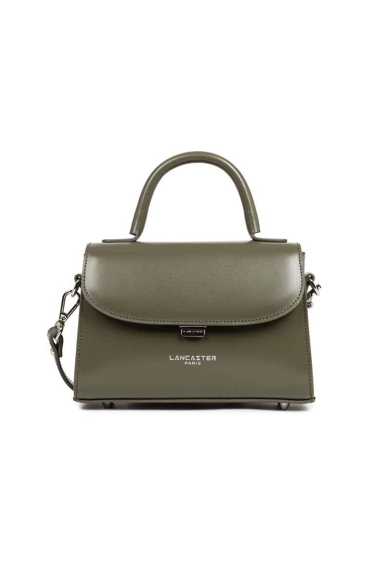 Borsa a mano verde oliva con un design strutturato, manico corto, tracolla rimovibile e logo argentato sul fronte.