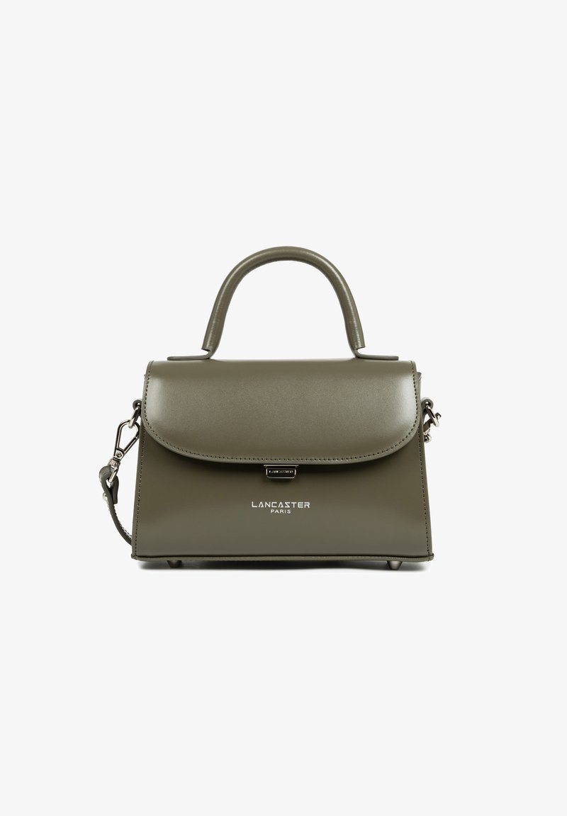 Borsa a mano verde oliva con un design strutturato, manico corto, tracolla rimovibile e logo argentato sul fronte.
