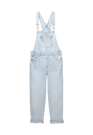 Helle blaue Jeanslatzhosen mit weitem Bein, verstellbaren Trägern, Fronttasche und Knopfakzenten an den Seiten. Glatte Textur, lässiges Design.
