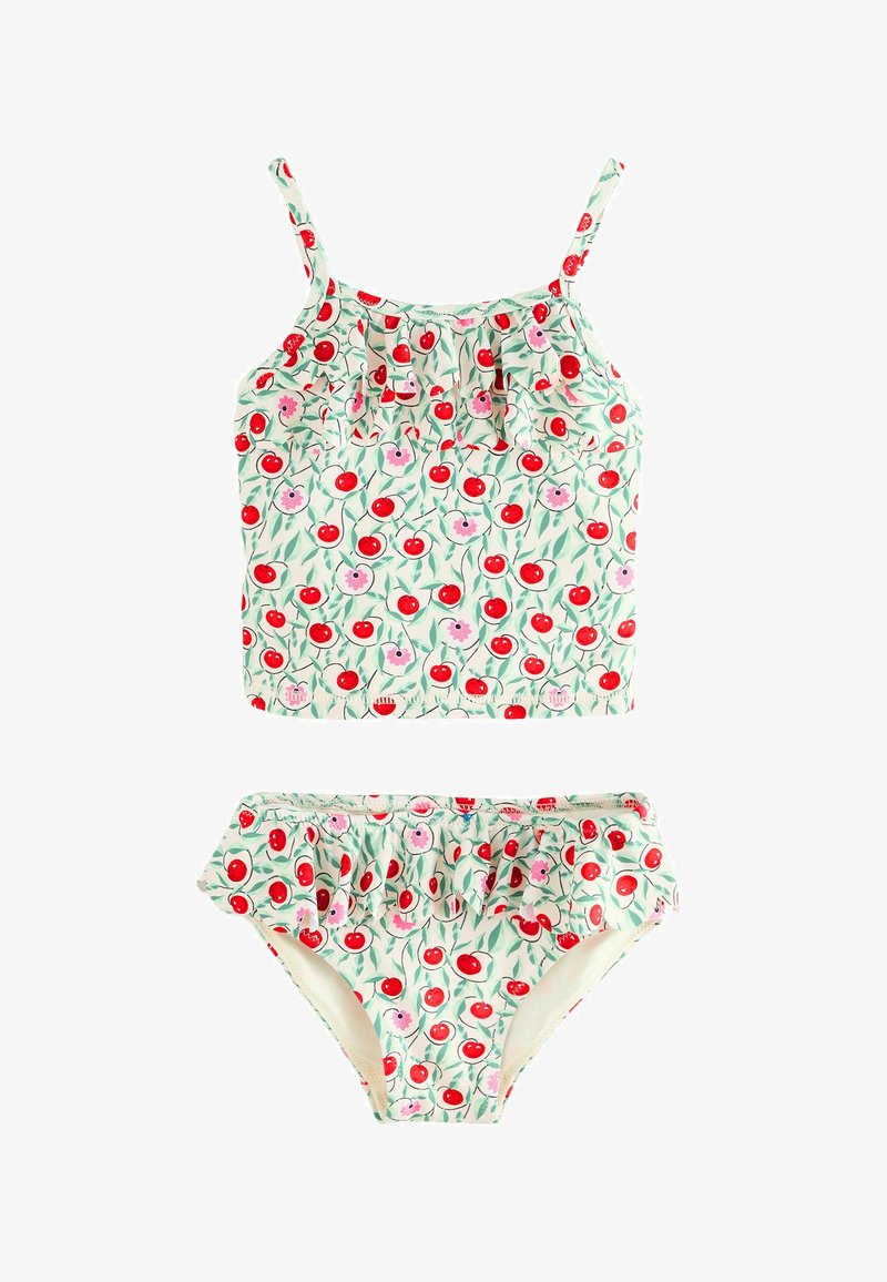 Maillot de bain deux pièces avec motif cerises et fleurs, comprenant un débardeur à volants et un bas à volants assorti en tons verts clairs.