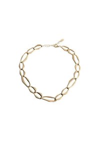 Colier aurit cu zale ovale alungite, având o textură netedă și închidere cu clips. Designul este simplu și elegant.