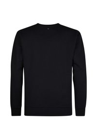 Felpa nera con maniche lunghe, scollo rotondo e polsini a costine. Tessuto morbido con una texture liscia, priva di motivi o elementi hardware visibili.