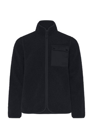 Veste en polaire noire avec une fermeture éclair à l'avant, un col montant et une poche poitrine avec des fermetures à pression. Texture douce avec une coupe décontractée et relaxée.