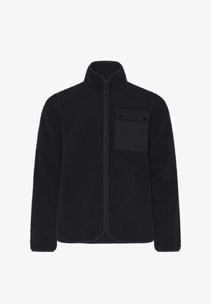 Schwarze Fleecejacke mit Reißverschluss vorne, hohem Kragen und einer Brusttasche mit Druckknöpfen. Weiche Textur und lässige, entspannte Passform.