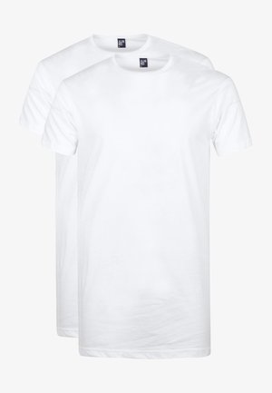 Zwei weiße Baumwoll-T-Shirts mit kurzen Ärmeln, rundem Halsausschnitt und glatter Textur. Das Design ist einfach, ohne sichtbare Muster oder Akzente.