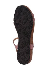 Braune Korkfußbett-Sandale mit einer strukturierten schwarzen Gummisohle. Sie verfügt über zwei pinkfarbene Riemen und eine sichere Knöchel-Schlaufe für Stabilität.