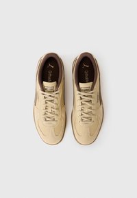 Sneakers beige con tomaia in suede e mesh, dettagli marroni, design con lacci e suole Ortholite. Presenta il logo sulla linguetta e sul lato.