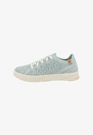 Light blue knitted athletic shoe with white laces and a beige sole, featuring a textured upper and a small brown logo patch on the side.