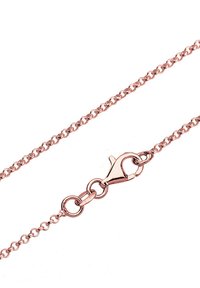 Rose gold metal kæde med sammenkoblede led, udstyret med en lobster clasp for sikker lukning. Glat tekstur og jævnt størrelsesforhold mellem led.