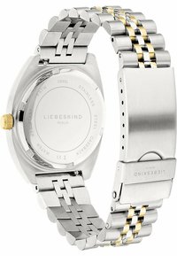 Edelstahl-Uhr mit einem zweifarbigen Armband, das silberne und goldene Glieder enthält, runder Gehäuseboden, große Krone und wasserdichtes Design.