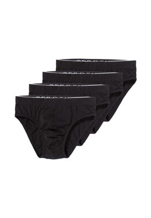 Quattro slip neri da uomo con fascia elastica in vita, ordinatamente impilati in una disposizione sfalsata su sfondo bianco.