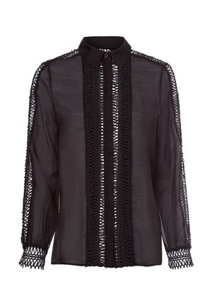 Black sheer blouse with long sleeves, buttoned collar, and intricate crochet detailing along the front and sleeves. Lightweight and textured fabric.