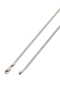 Sølv metal kæde med et vævet design, der har en hæklelås i den ene ende og en glat overflade. Cirka 1 meter lang.