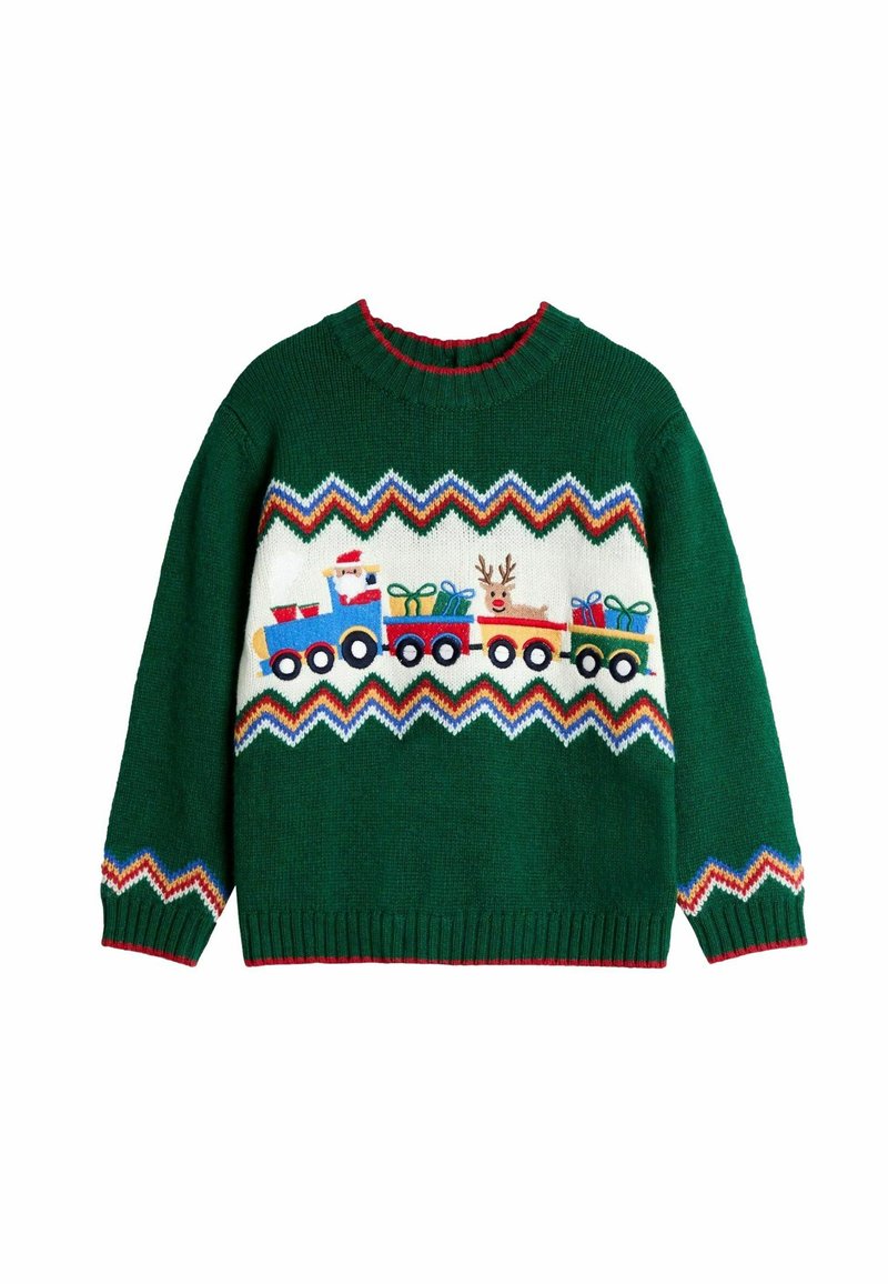 Grüner Pullover mit einem weißen gestrickten Band, das ein Zugdesign zeigt, der Geschenke, den Weihnachtsmann und ein Rentier transportiert, akzentuiert mit multicolor Zickzackmustern.