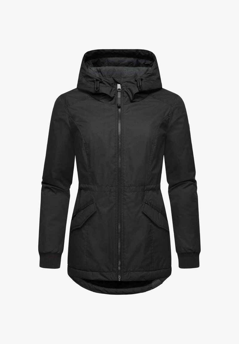 Black insulated jacket featuring a hood, front zipper, two side pockets, and ribbed cuffs. Smooth texture with a slightly longer back.