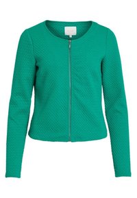 Zielona pikowana kurtka z okrągłym dekoltem i zamkiem z przodu. Długie rękawy i krótki krój, z teksturowanym wzorem na powierzchni.