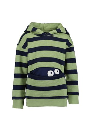 Felpa con cappuccio per bambini con ampie strisce orizzontali verdi e blu navy e una tasca frontale con due occhi da cartone animato bianchi.