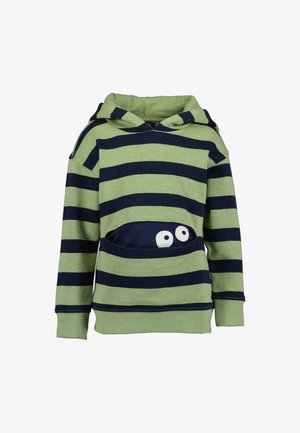 Kinderhoodie met brede horizontale groene en marineblauwe strepen en een voorzak met twee witte cartoonogen.