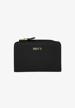 Portefeuille en cuir noir avec une surface texturée, fermeture éclair, et le logo doré "BRIC'S" sur le devant. Conception rectangulaire compacte.