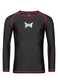 Czarna rash guard z długim rękawem, z czerwonymi przeszyciami i logo na przodzie. Posiada dopasowany krój oraz gładki, elastyczny materiał odpowiedni do sportów.