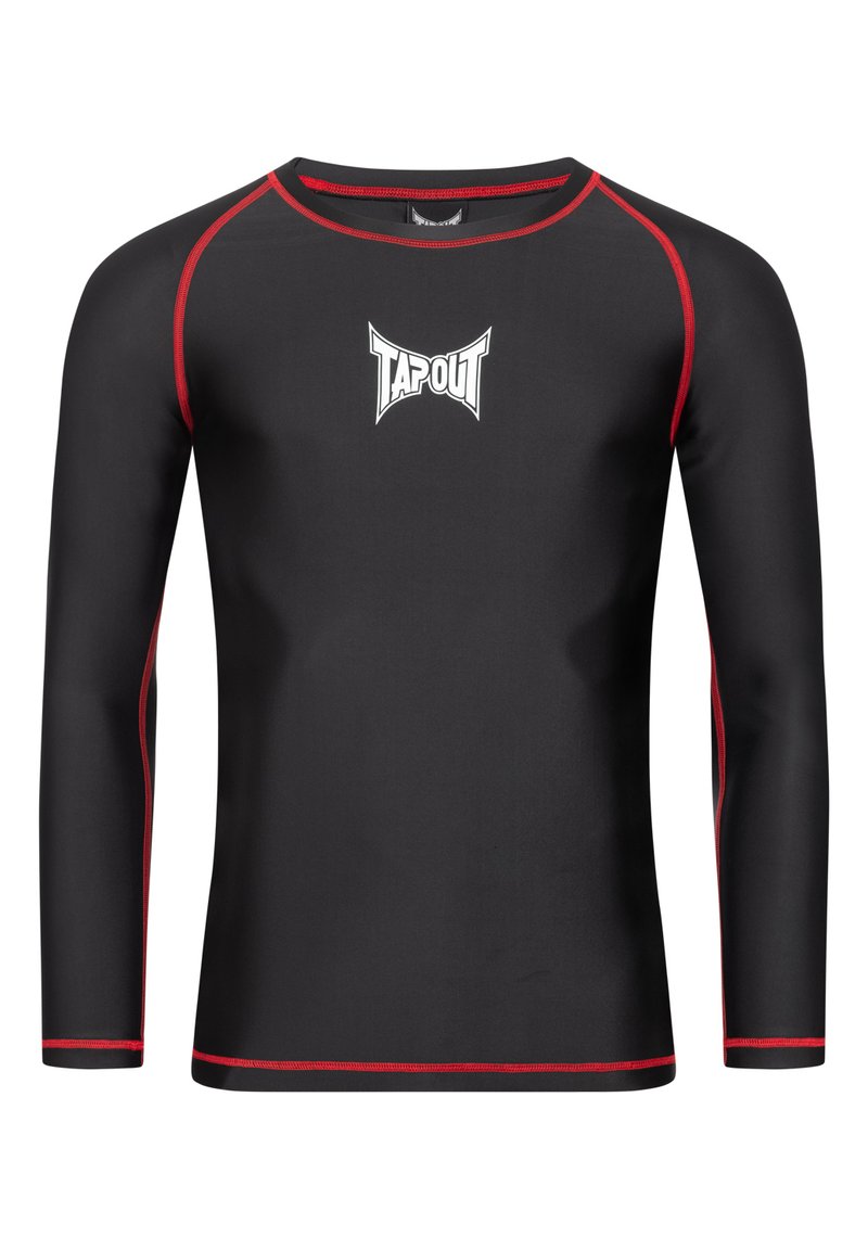 Czarna rash guard z długim rękawem, z czerwonymi przeszyciami i logo na przodzie. Posiada dopasowany krój oraz gładki, elastyczny materiał odpowiedni do sportów.