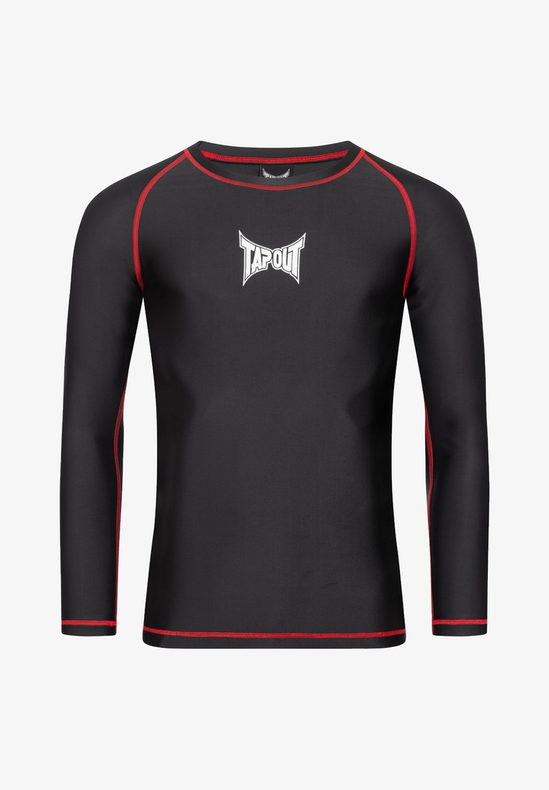 Must have pikkade varrukatega rash guard mustas värvuses, punaste õmblustega ja esiküljel logoga. Omab vormi kohandavat disaini ja sileda, veniva kanga, mis sobib spordiks.