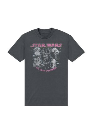 Donkergrijs Star Wars T-shirt met Luke Skywalker, Darth Vader, Yoda, Chewbacca en Han Solo, met de tekst "The Saga Continues".
