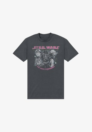 Donkergrijs Star Wars T-shirt met Luke Skywalker, Darth Vader, Yoda, Chewbacca en Han Solo, met de tekst "The Saga Continues".
