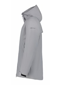 Veste imperméable grise clair avec capuche, fermeture éclair à l'avant, poignets ajustables et logo sur la manche. Caractéristiques d'un tissu lisse et texturé.
