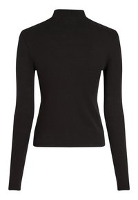 Black long-sleeve ribbed top with a high neckline, shown from the back, fitted waist and straight hem.