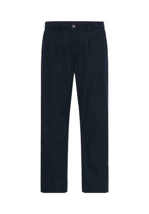 Tamsiai mėlynos tiesios kelnės su diržo kilpelėmis, priekyje sagomis ir kišenėmis, atvaizduotos ant balto fono.