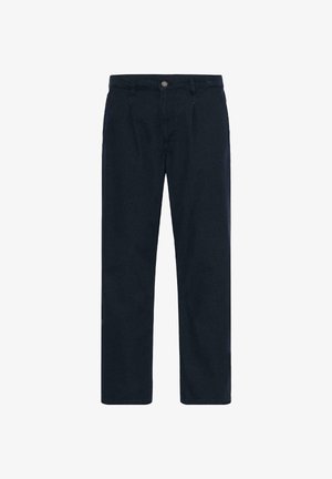 Tumši zili taisnas bikses ar jostas cilpām, priekšējo pogu un kabatām, attēlotas uz balta fona.