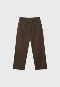 Pantalon marron à jambes larges avec ceinture élastique et cordon de serrage, doté de poches plaquées à l'avant.