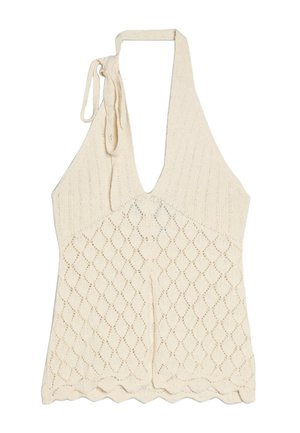 Haut dos-nu tricoté crème avec motif losange, partie supérieure côtelée et ourlet festonné, à nouer dans le cou.
