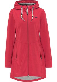 Veste longue rouge à capuche avec fermeture éclair à l'avant, capuche à cordon de serrage avec cordons noirs et blancs, poches latérales, et petit logo parapluie sur la poitrine.