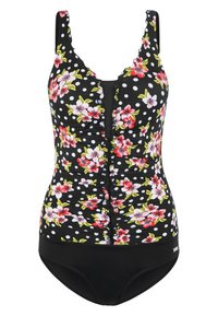 Maillot de bain noir avec un motif floral et des pois blancs. Bretelles froncées et détails froncés à l'avant. Bas noir uni.