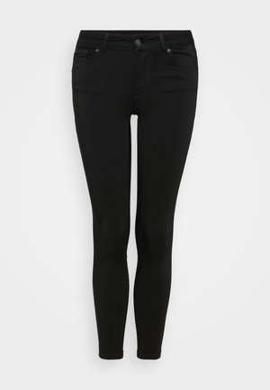 Schwarze Skinny-Jeans mit einer taillierten Passform, ausgestattet mit einem Reißverschluss und Knopfverschluss, fünf Taschen sowie einer glatten, elastischen Textur.