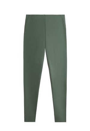Zöld, rugalmas leggings sima felülettel, karcsú szabással és tiszta derékpánttal, látható hardver vagy minta nélkül.