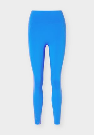 Leggings ajustados de cintura alta y longitud completa en un azul brillante, colocados planos sobre un fondo gris claro.