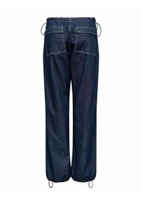 Ciemnoniebieskie dżinsy o luźnym kroju, z elastycznym pasem, dwiema kieszeniami z tyłu i sznurkiem przy kostce.