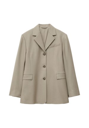 Blazer beige chiaro monopetto con tre bottoni, colletto con risvolto a incavo, due tasche frontali con pattina e una tasca al petto a filetto.