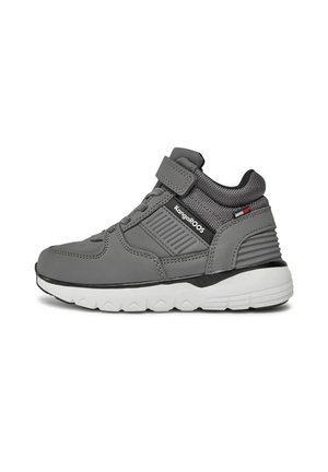 Gray high-top sneaker with Velcro strap, mesh and synthetic upper, white textured sole, and KangaROOS logo on the side.