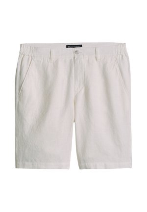 Shorts blancs décontractés longueur genou avec bouton frontal, poches latérales, passants de ceinture et inserts élastiques à la taille.