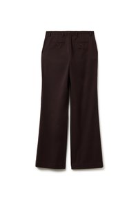 Donkerbruine tailorpantalon met wijde benen, riemlussen en twee opgestikte achterzakken, plat gelegd op een witte achtergrond.
