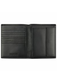 Le portefeuille en cuir noir dispose de plusieurs emplacements pour cartes, d'une protection RFID et d'une texture lisse, avec des coutures minimales et un design épuré.