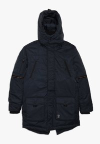 Abrigo de invierno azul marino con capucha, cierre de cremallera y botones, cuatro bolsillos frontales y detalle de costura naranja en las mangas.