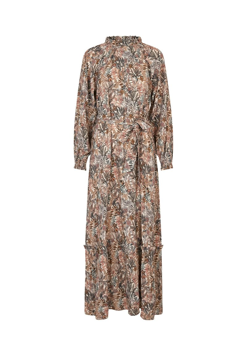 Floral maxi-jurk met lange mouwen, gerimpelde halslijn en een riem. Heeft een veelkleurig palmbladenpatroon op een bruine achtergrond.