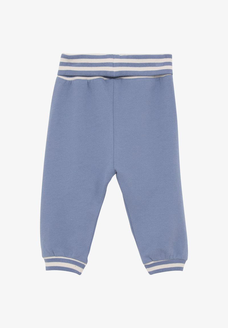 Jasnoniebieskie dresy wykonane z miękkiego materiału, z paskiem elastycznym w paski w talii i mankietami dla wygodnego dopasowania.