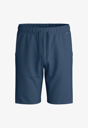 Informele shorts in marineblauw met elastische tailleband en voorste trekkoorden, voorzien van zijzakken en een klein logo nabij de tailleband.
