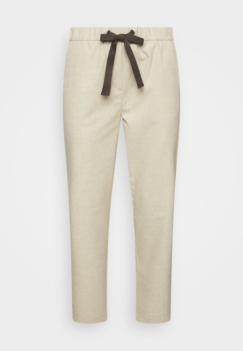 Pantalons beiges en tissu texturé, dotés d'une taille élastique et d'un lien en brun foncé. Coupe slim avec des jambes droites, sans poches.